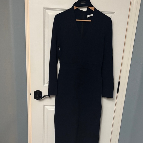 [$700] Scanlan Theodore Crepe Knit V Neck Navy Long Sleeve Dress. size Large - Picture 2 of 13